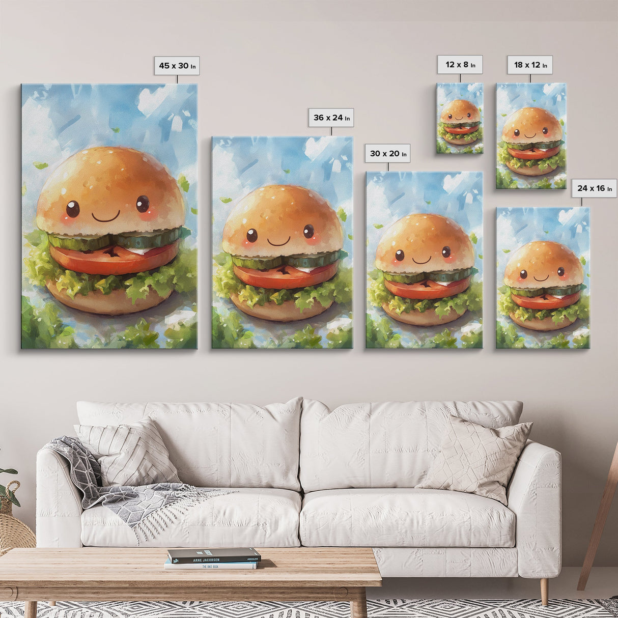 Kawaii Hamburger Canvas Print, Cute Hamburger Painting, Kitchen Decor, Kawaii Wall Art, Veggie Burger Painting