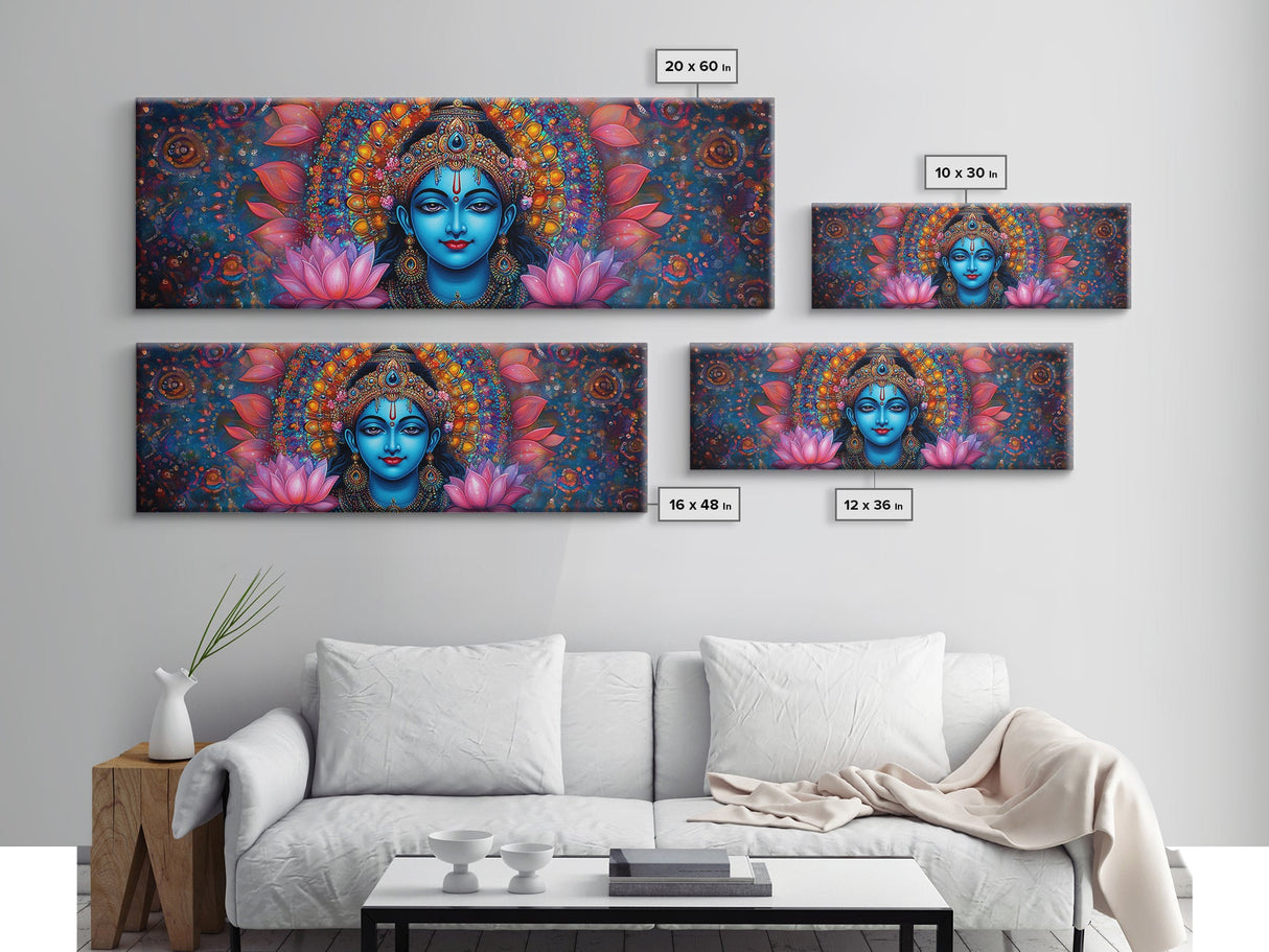 Krishna Painting Print, Ready To Hang Canvas Wall Art, Radha Krishna Art, Panoramic Art, Extra Wide Horizontal Art, Hinduism Wall Art