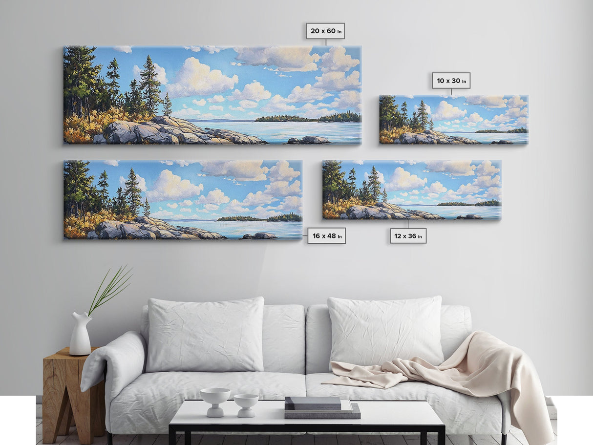 Acadia National Park, Framed Canvas Print, Acadia Watercolor Art Painting, Extra Wide Panoramic Wall Art, Horizontal Mountain Landscape Painting