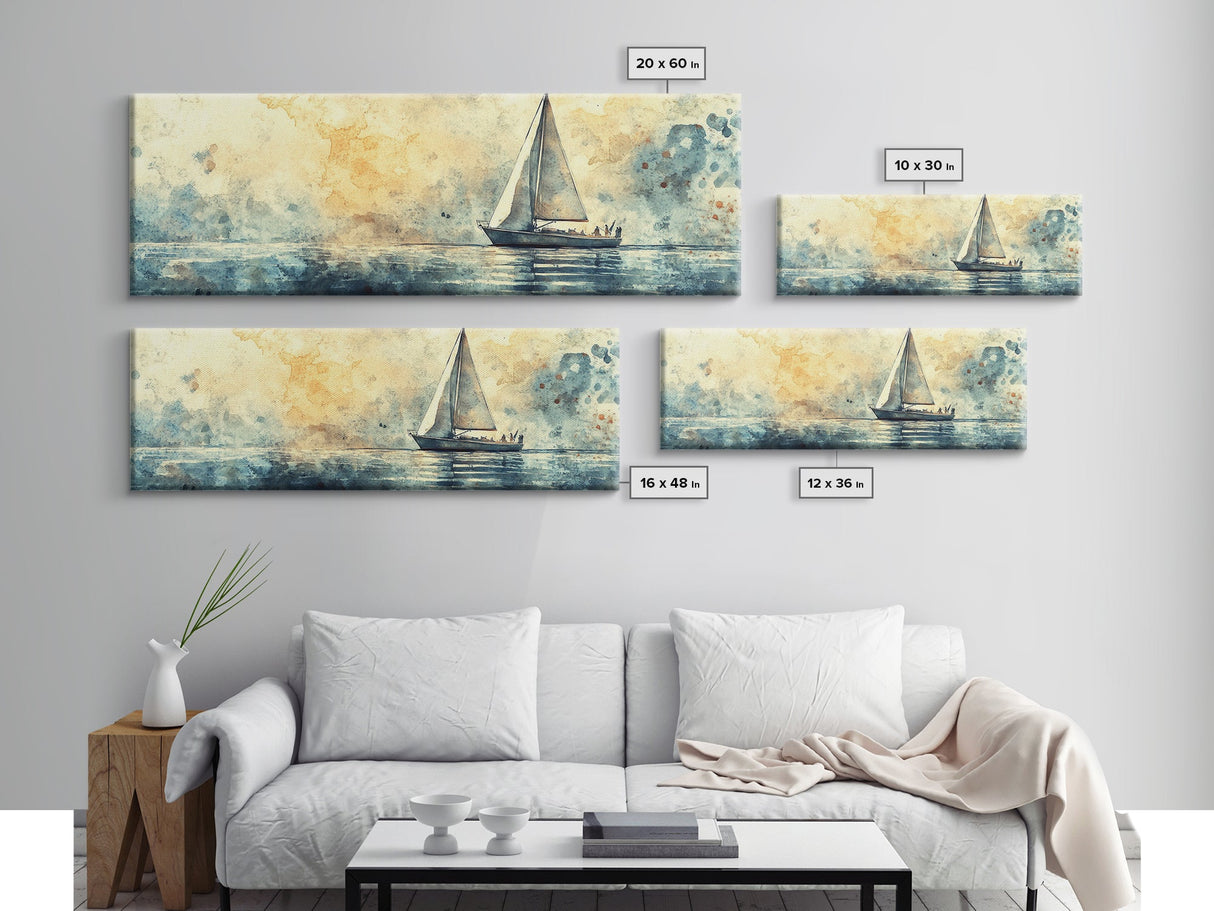Sailboat on a Calm Sea Framed Canvas Print, Nautical Home Decor, Nautical Landscape Painting, Beach Decor, Abstract Wall Art