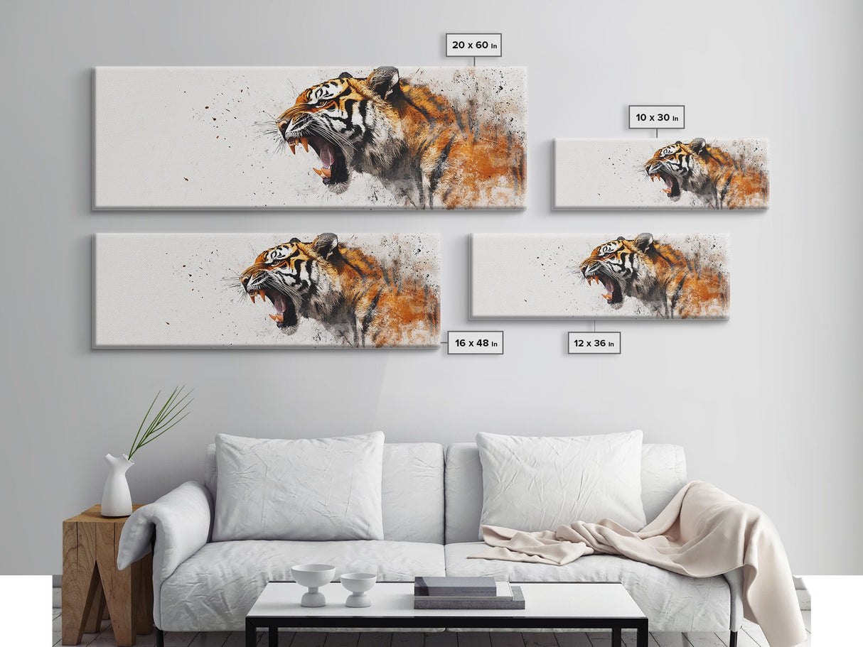 Panoramic Tiger Roar, Statement Piece Wall Art, Framed Canvas Print, Tiger Art, Tiger Painting, Tiger Print, Gift Idea for Him, Man cave art