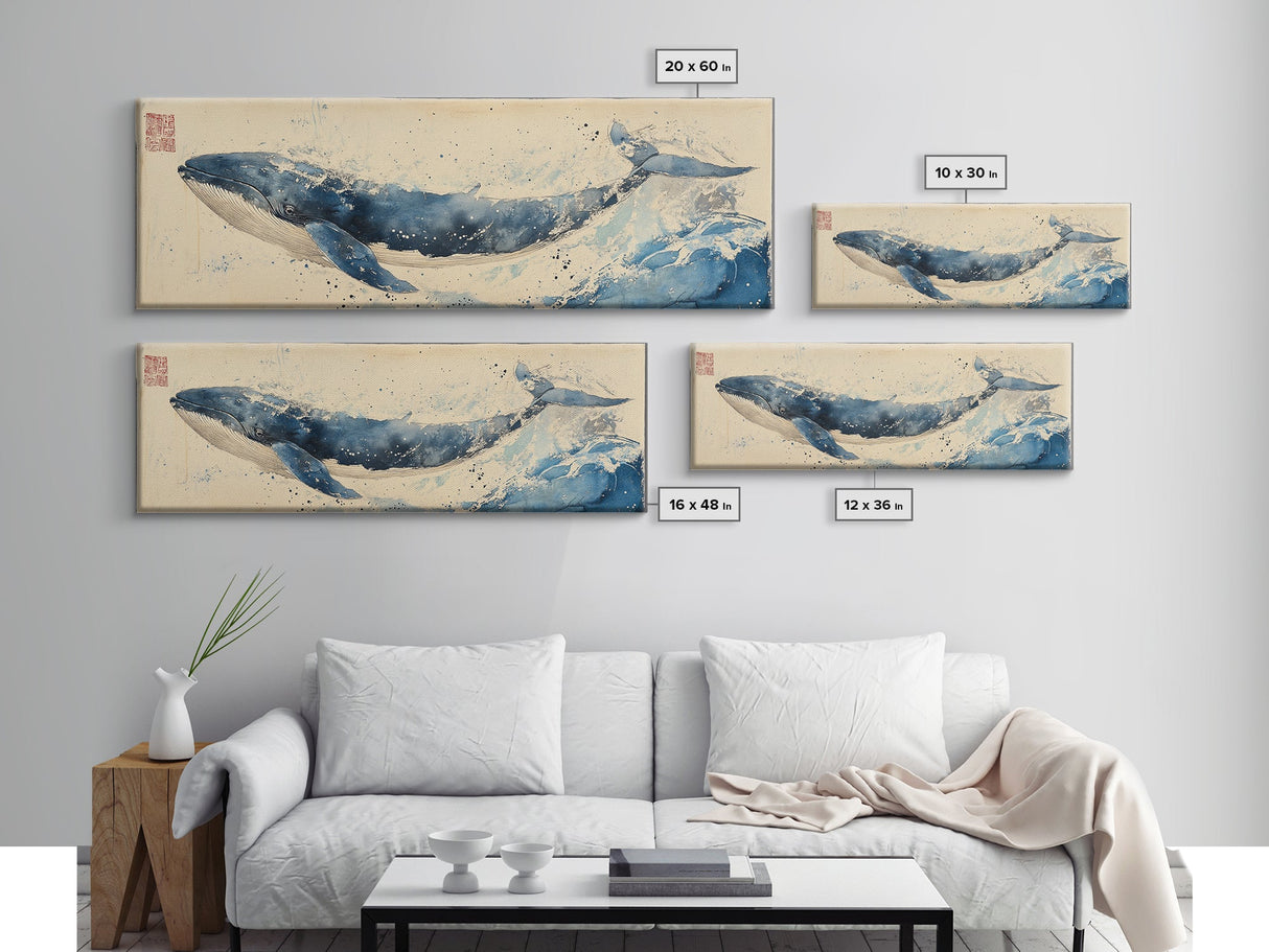 Japanese Style Wabi Sabi Painting Canvas Print of a Whale | Nautical Decor | Animal Print | Ocean Art | Whale Wall Art | Whale Decor