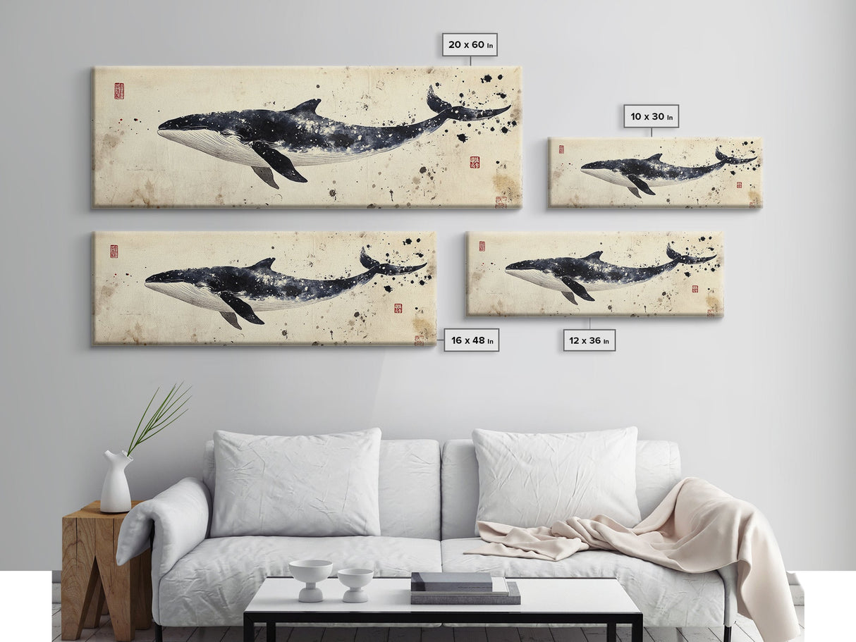 Whale Art Wabi Sabi Panoramic Oil Painting Print, Japanese Style Wall Art - Whale Decor - Whale Art Print - Living Room Decor - Minimalist