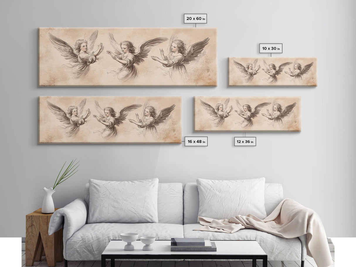 Painting of 3 Angels Canvas Print, Guardian Angels Wall Art, Angel Sketch, Angel Painting, Angelic Home Decor, Extra Wide Wall Art