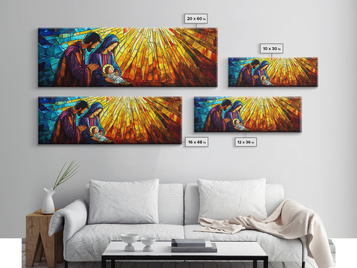 Mary and Joseph Canvas Print, Nativity Painting, Stained Glass Style Art, Nativity Wall Decor, Christmas Wall Art, Panoramic Exra Wide Art