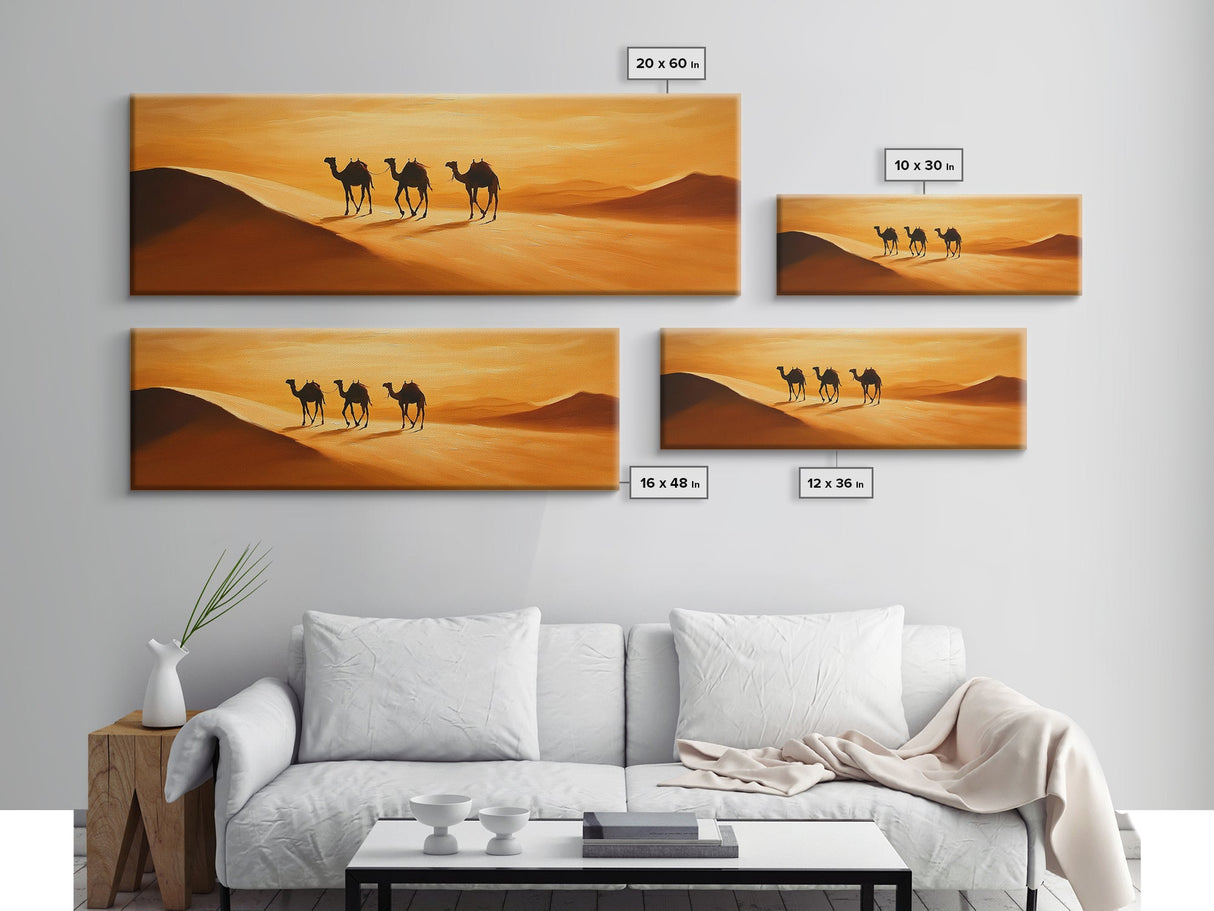 Camels in the desert Framed Canvas Print, Desert Painting, Desert Wall Art, Southwestern Decor, Minimalist Decor, Orange Hues Art