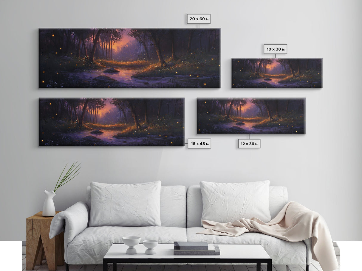 Panoramic Fantasy Forest Canvas Print, Fireflies Light Up The Night Sky in A Fantasy Forest, Fantasy Painting