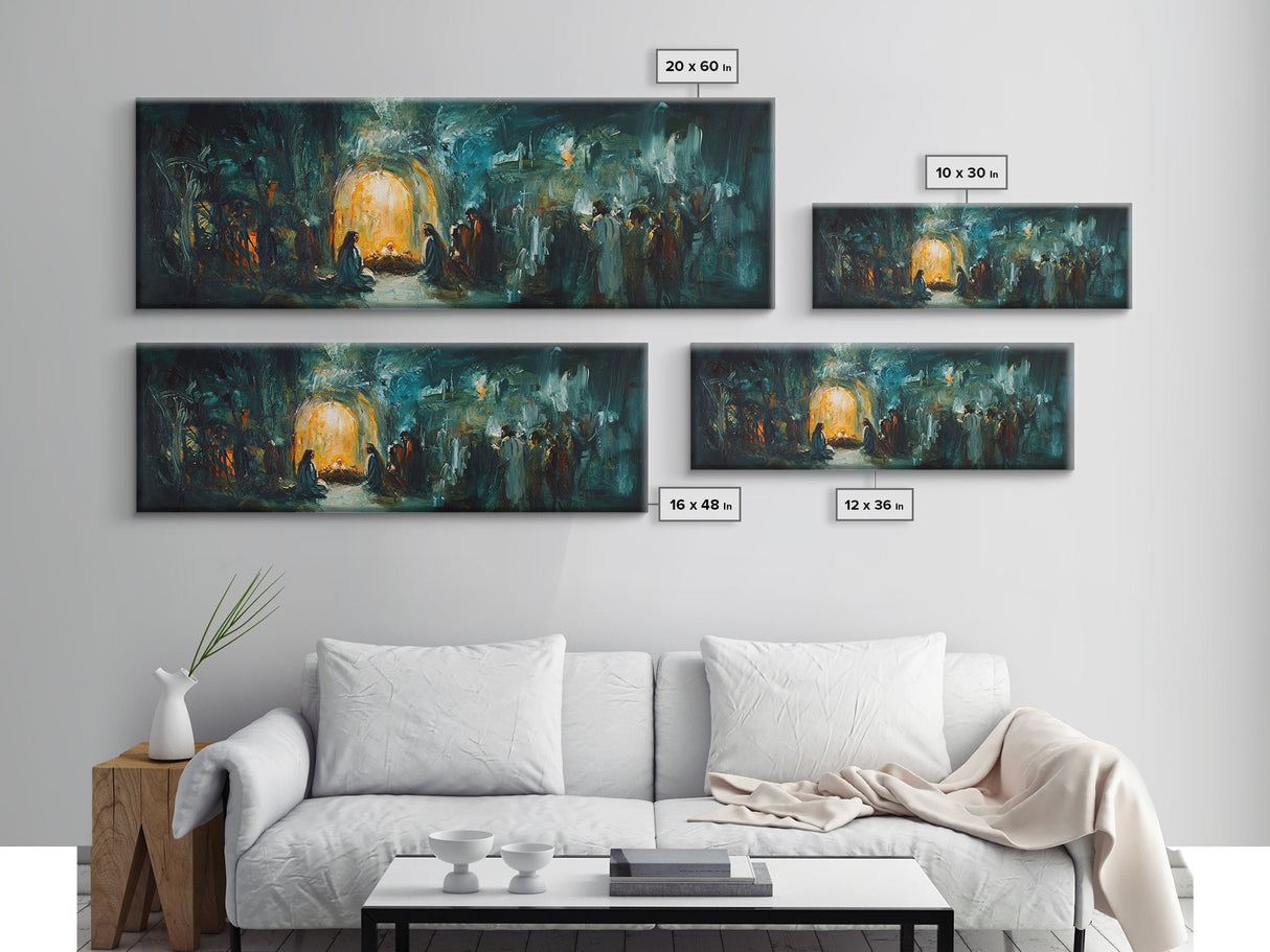 Horizontal Nativity Scene Painting Print, Framed Canvas Print, Nativity Art, Christmas Decor, Traditional Christmas Wall Art