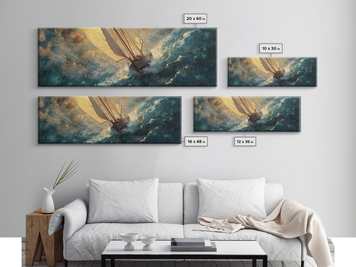 The Sailboat and the Storm Framed Canvas Print - Sailboat Painting - Nautical Decor - Hurricane Painting - Nautical Sailboat Landscape Painting