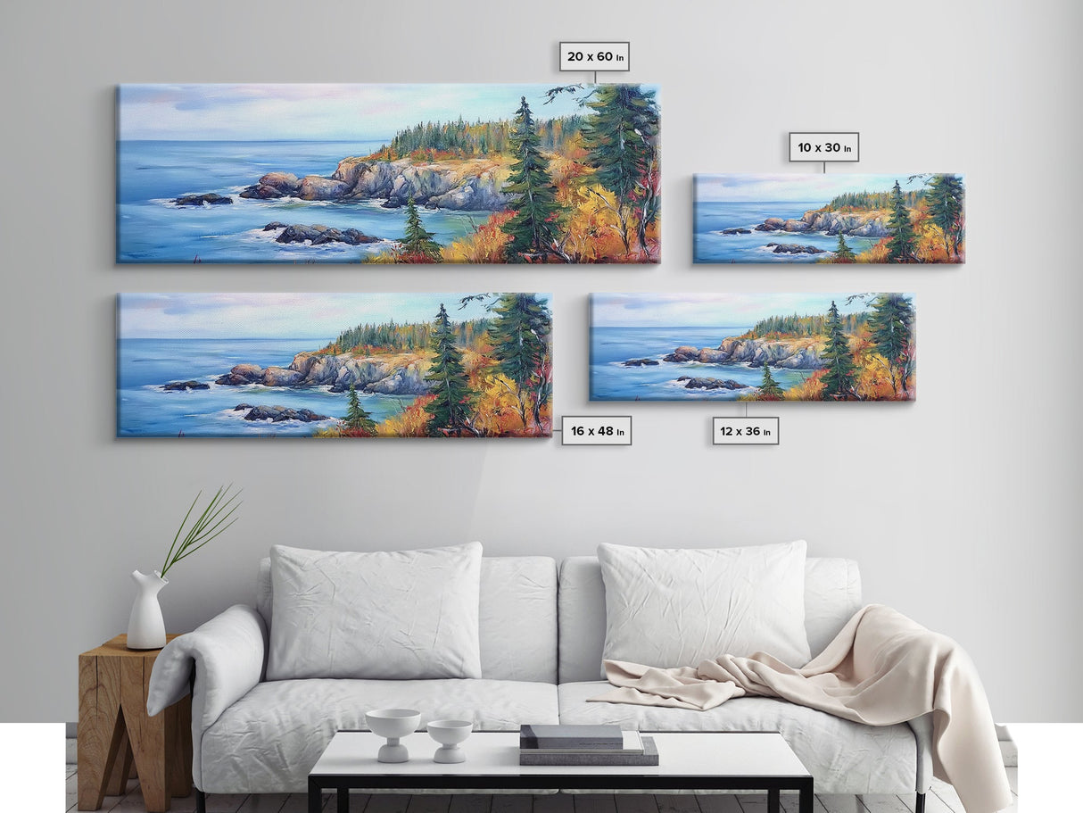 Acadia National Park, Framed Canvas Print, Acadia Watercolor Painting, Extra Wide Panoramic Wall Art, Horizontal Mountain Landscape Painting