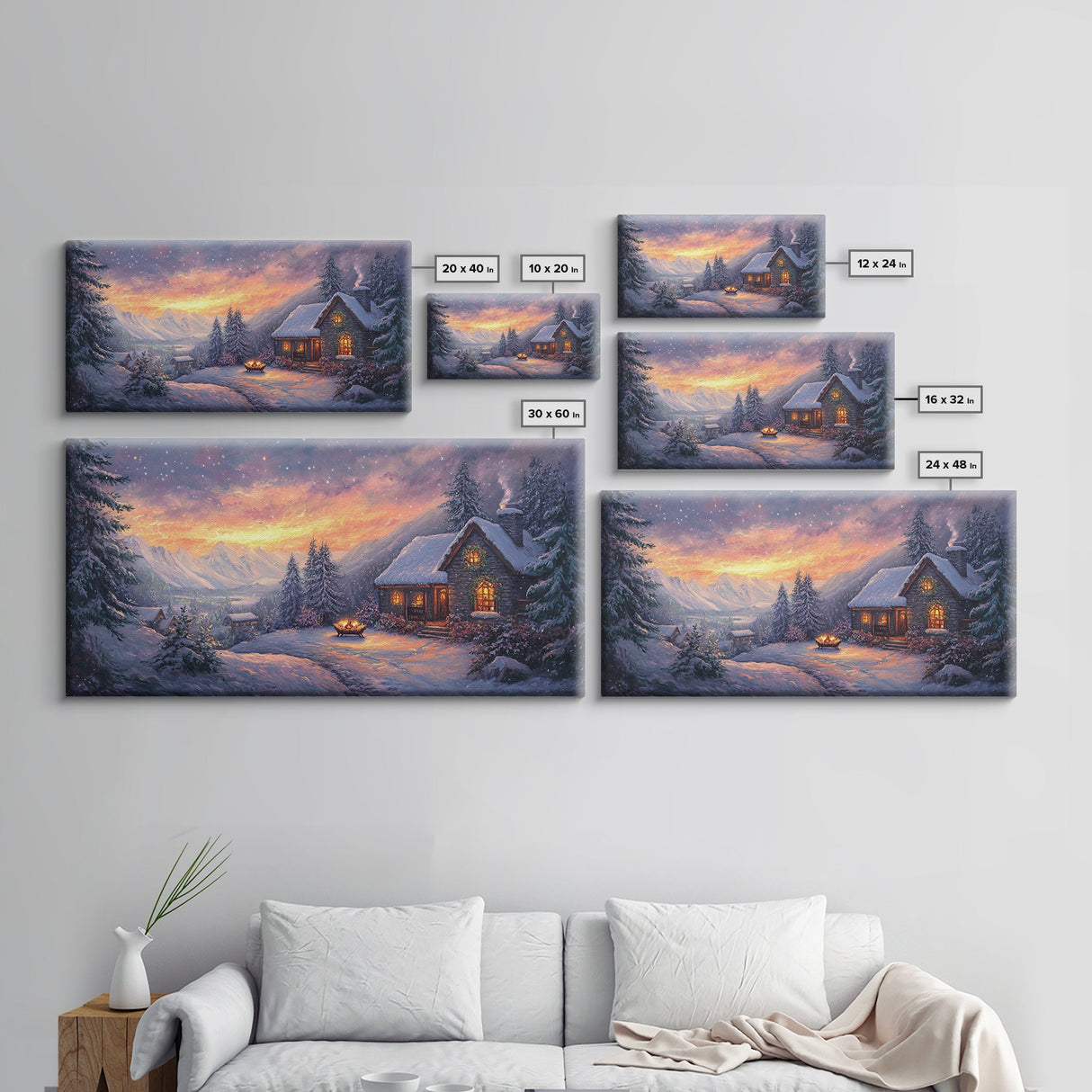 Snow Falls In The Mountains at Sunset, Framed Canvas Print, Retro Christmas Wall Art, Winter Not Christmas Wall Art, Winter Wall Art