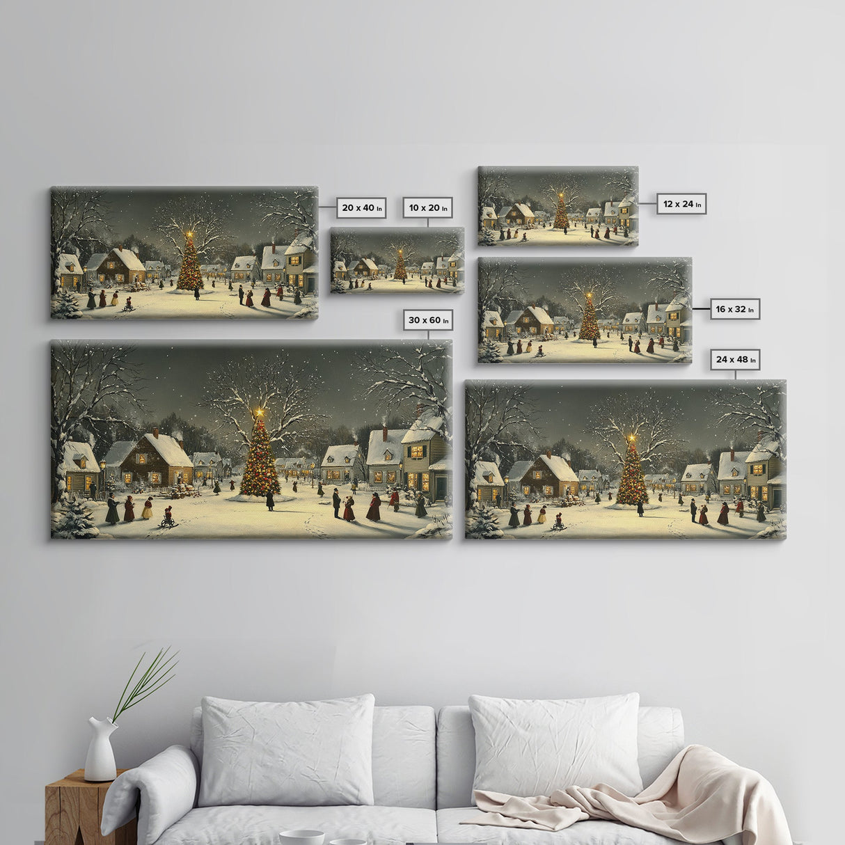 Festive Christmas Village Wall Art Framed Canvas Print, Festive Christmas Street Scene, Cozy Christmas Wall Art, Ready To Hang Xmas Decor
