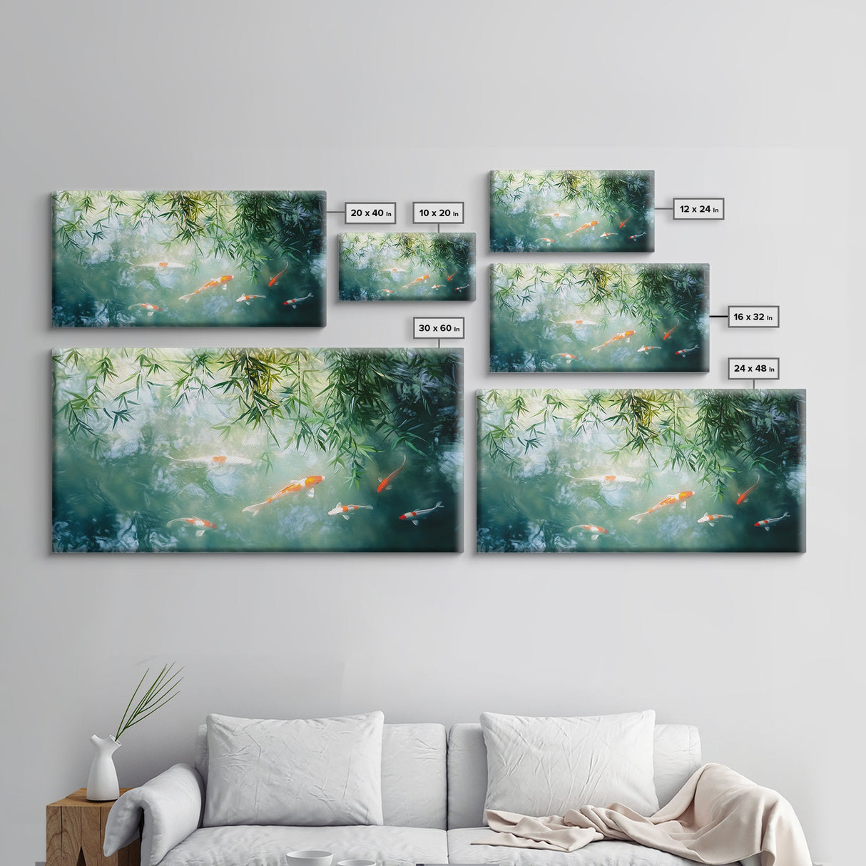 Koi Fish Swimming In a River Framed Canvas Print - Minimalist Art Wabi Sabi Style Home Decor
