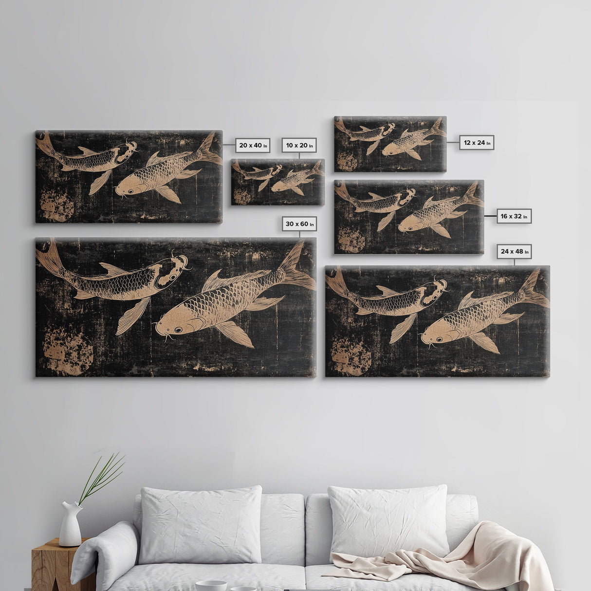 Black and White Koi Fish Oil Painting Print, Elegant Japanese Style Wood Block Print Artwork, Canvas Print Ready To Hang, Centerpiece Art