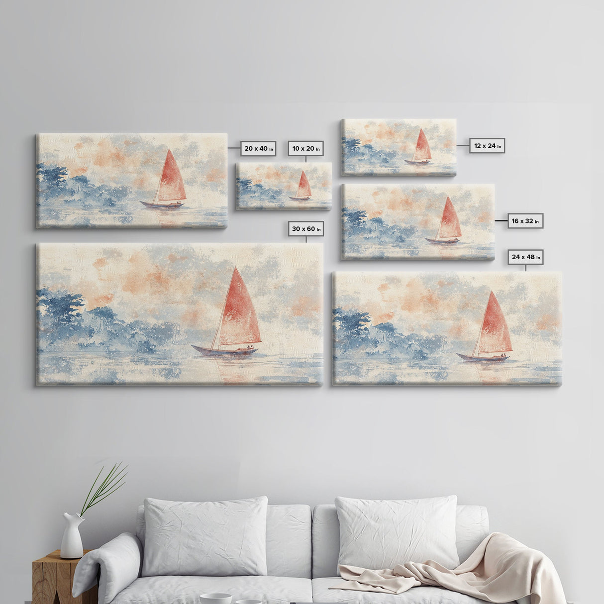 Sailboat sails at Dawn Framed Canvas Print - Nautical Decor - Coastal Decor - Neutral Seascapes Painting - Modern Wall Art