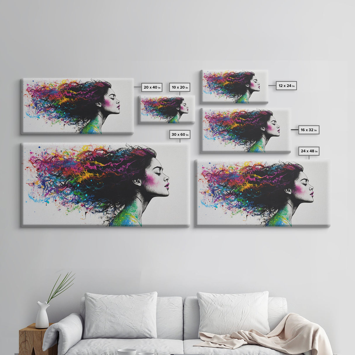 She Has Rainbow Waves in Her Flowing Hair - Portrait of a Woman - Framed Canvas Print - Pop Art - Loft Decor - Statement Piece Art