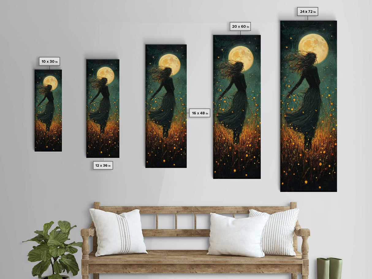 Moonlight goddess painting mystical framed canvas print, ethereal night scene, boho wall art, spiritual bedroom decor, wildflower moon art