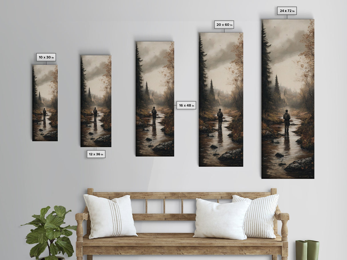 Fly fishing painting outdoor adventure framed canvas print, rustic wall art, serene river scene, nature-themed decor, great gift idea