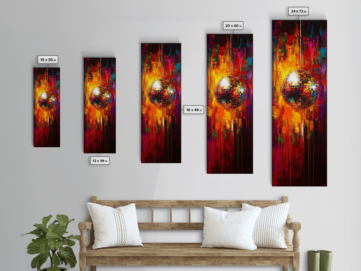 Retro Disco Ball Painting Print, Framed Canvas, Dance Studio Decor, Dance Room Art, Disco Ball Wall Art, Tall Narrow Decor, Skinny Art