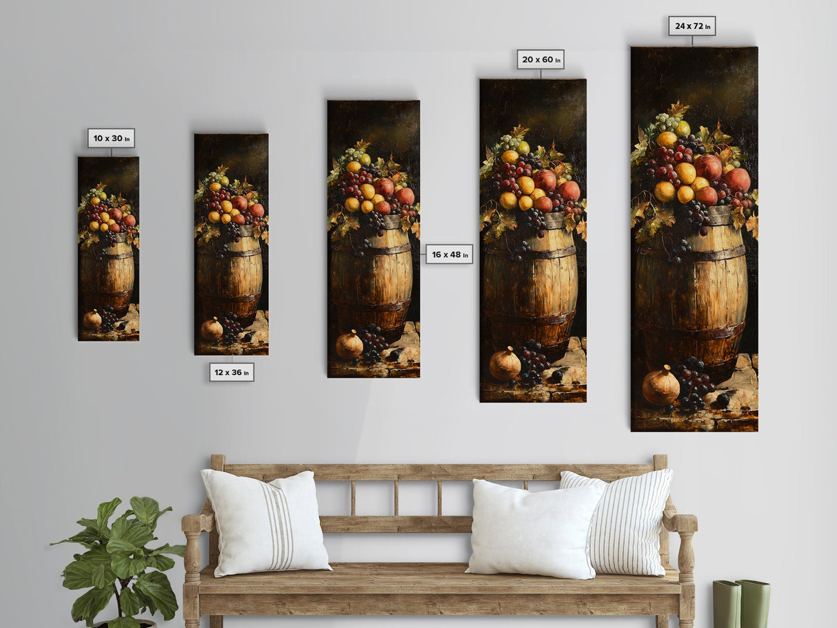 Still Life Oil Painting Print of Fruit and a Wine Barrel, Wine Room Art, Wine Cellar Art, Bar Decor, Tall Skinny Art, Skinny Vertical Art