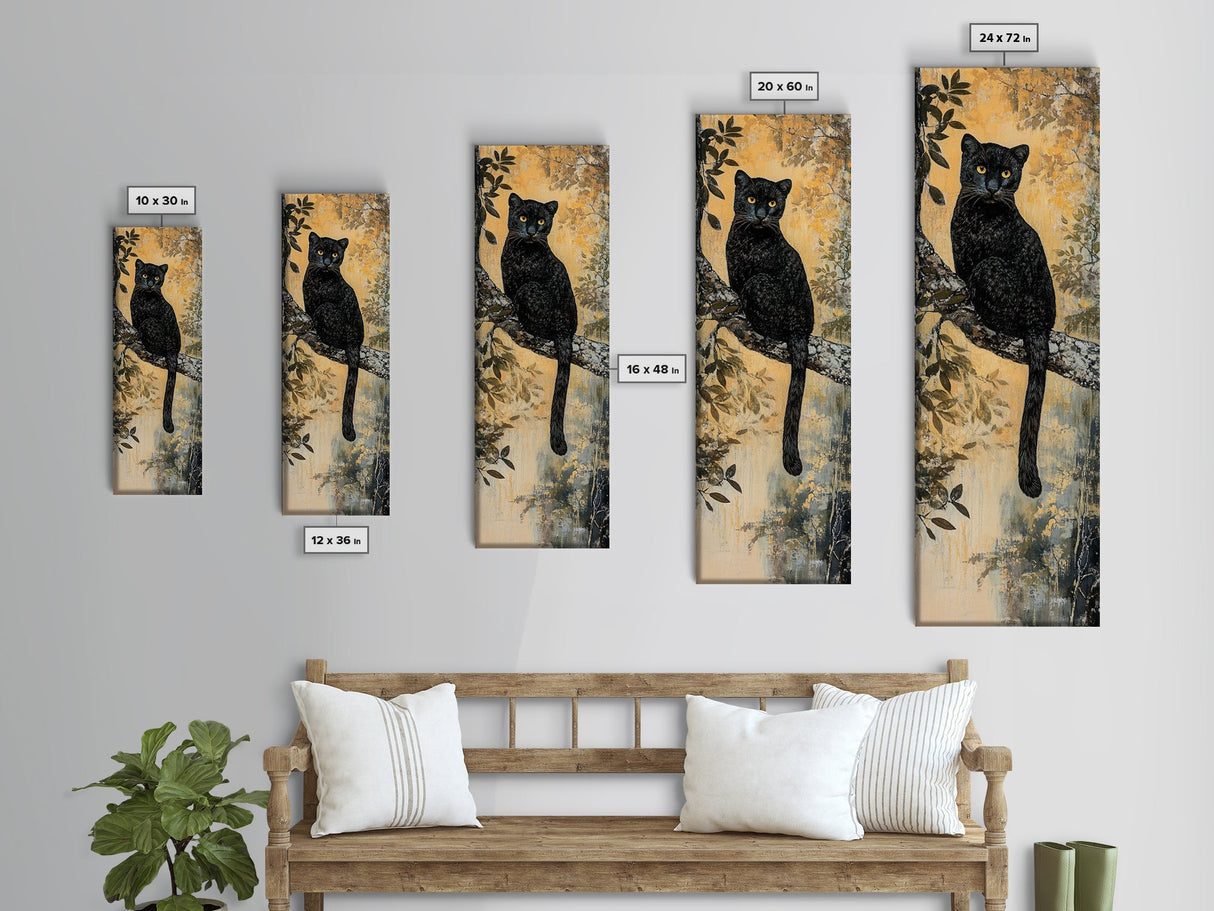 Framed Canvas Print of Black Panther on Tree Branch, Fall Animal Art, Boho Decor, Rustic Nature Art, Tall Skinny Wall Art, Living Room Piece