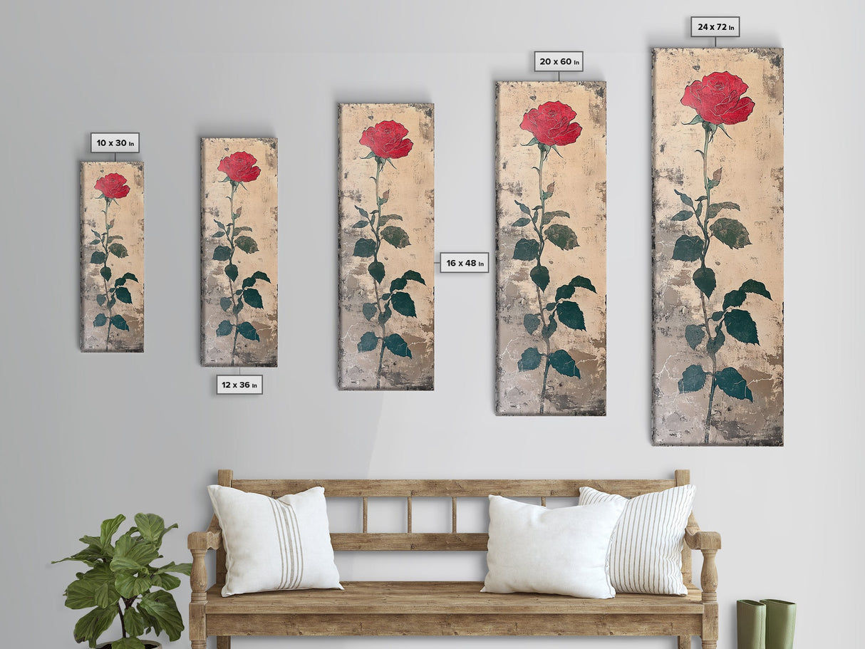 Red Rose Art Print Canvas Print, Japanese Inspired Rose Painting, Long Narrow Wall Art, Tall Skinny Art, Framed Canvas Print, Boho Wall Art