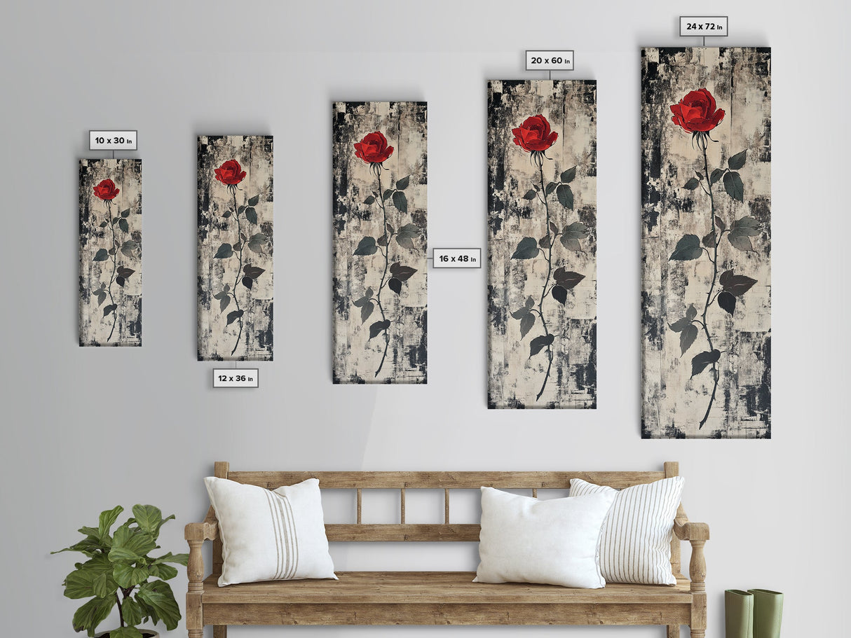 Monochrome Rose Canvas Print, Minimalist Black and White Art, Modern Botanical Print, Above Bed Wall Art, Tall Narrow Art, Framed Canvas Print