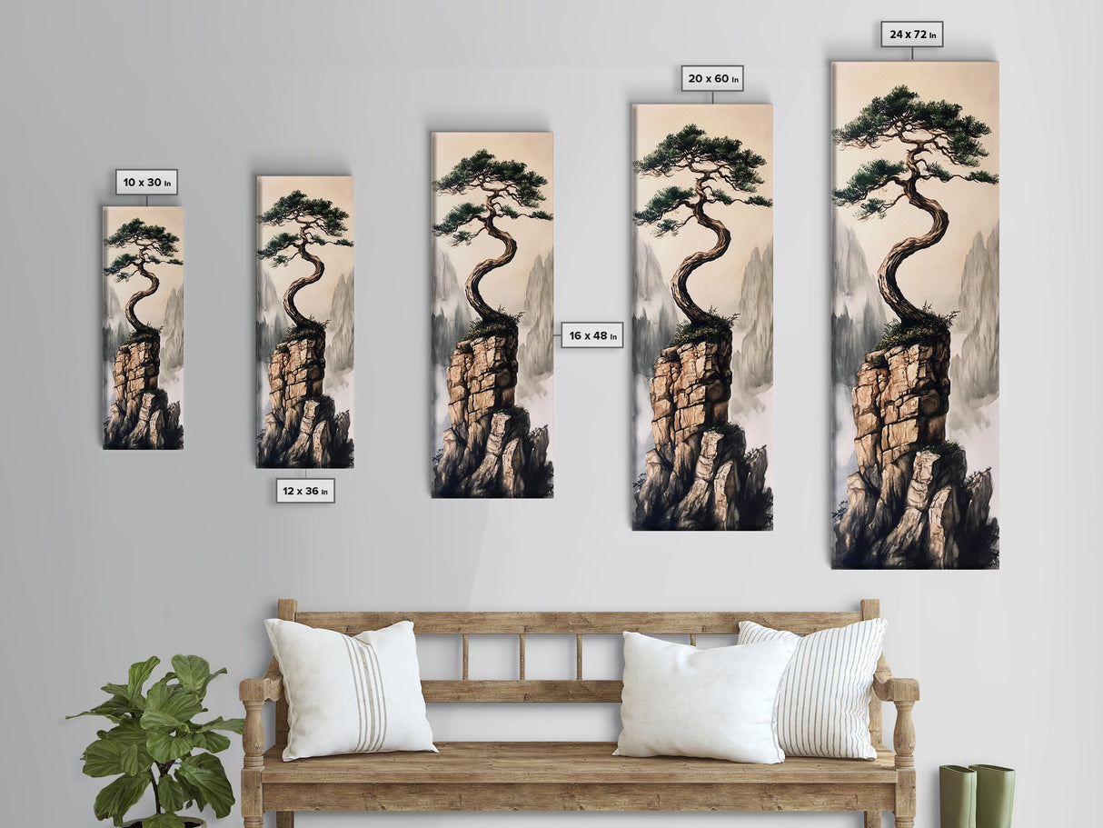 Framed Canvas Print Wabi Sabi Art Coastal Landscape Nautical Wall Art Pine Tree Artwork Living Room Decor Above Couch Art Serenity Gift