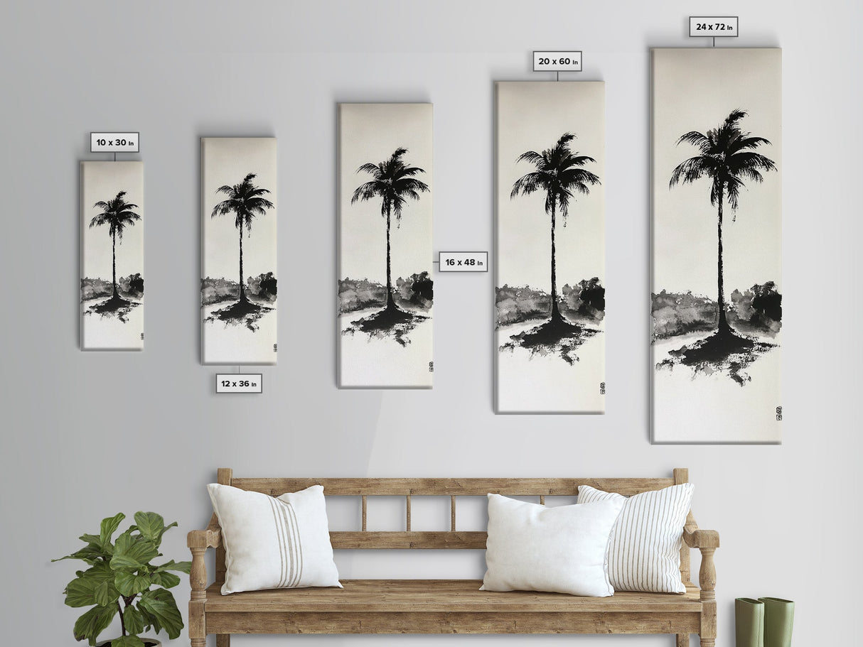 Canvas Print Black and White Palm Tree Painting Minimalist Tropical Wall Art, Wabi Sabi Art, Above Couch Decor, Tall Skinny Art Print