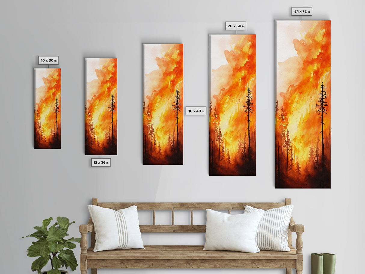 Sunset Blaze in Forest Framed Canvas Print – Dramatic Wall Art, Fiery Forest, Moody Scene, Rustic Decor, Living Room Art, Tall Narrow Art