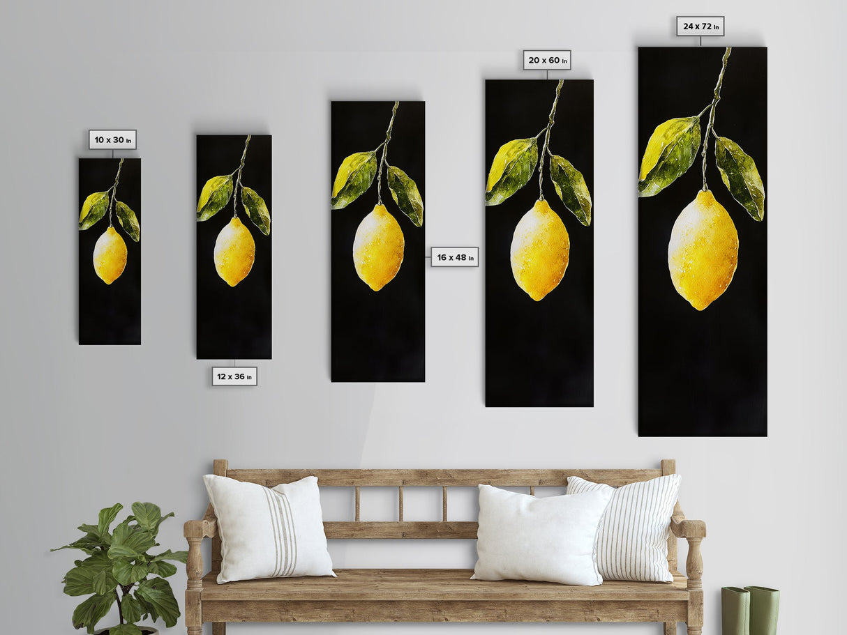 Minimalist Lemon Art Botanical Print on Black Canvas, Framed Option Available, Living Room Decor, Citrus Art, Modern Kitchen Wall Art