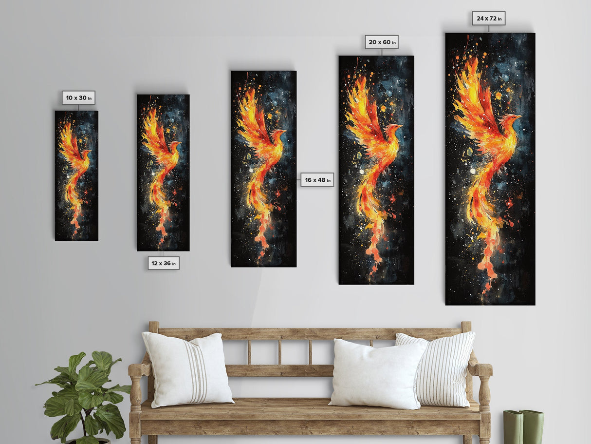 Flaming Phoenix Illustration Canvas Print, Tall Skinny Art for Bedroom Decor, Mythical Creature Wall Art with Framed Option, Space Art