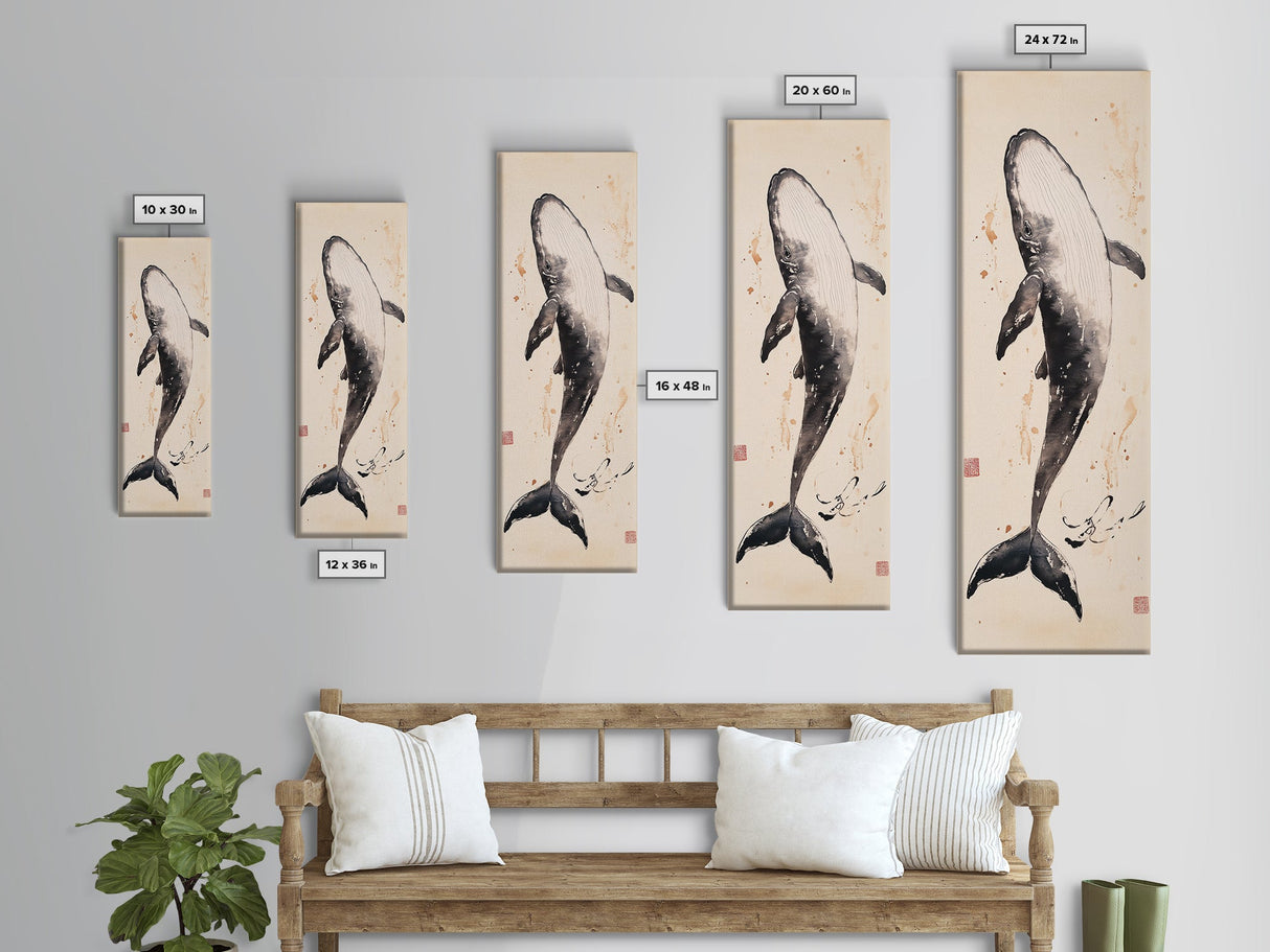 Minimalist Whale Ink Art Depicting Graceful Humpback Whale – Elegant Black and White Framed Canvas Print for Nautical or Coastal Decor