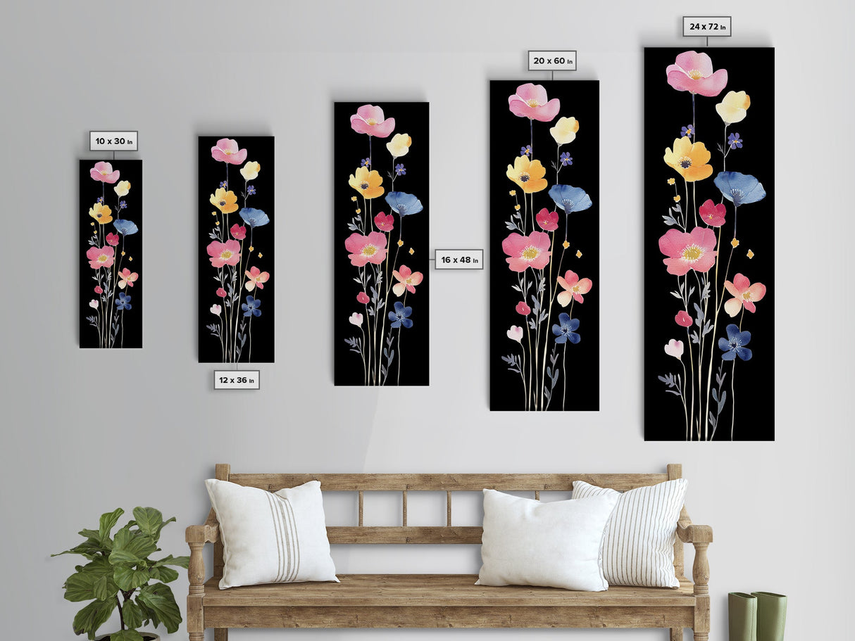 Vibrant Wildflower Watercolor Art - Framed Canvas Print with Black Background Featuring Colorful Poppy and Floral Scene
