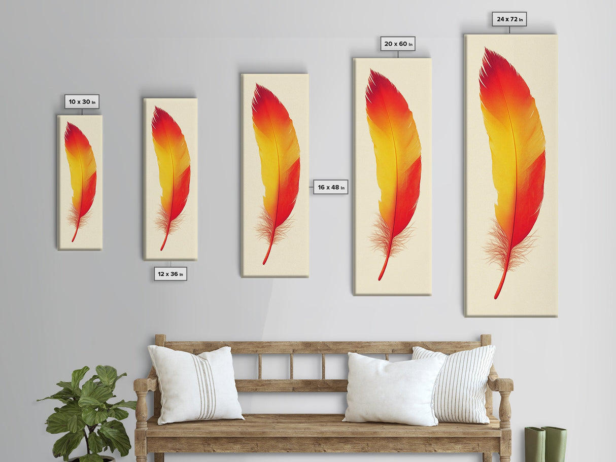 Red and Orange Feather Painting Print - Boho Wall Art - Framed Canvas Print - Tall Skinny Art - Minimalist Home Decor - Rustic Decor