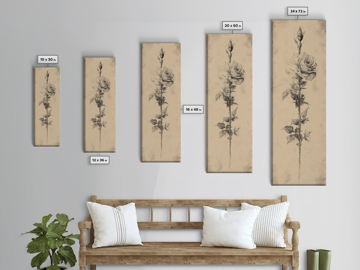 Black and White Sketch of a Rose, Framed Canvas Print, Narrow Art, Tall Skinny Art, Flower Painting, Paint of a Rose, Floral Prints