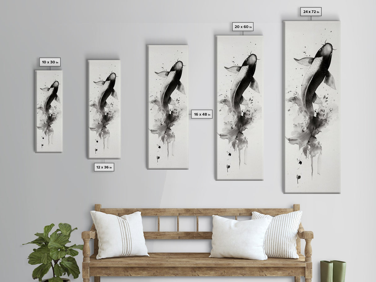 Tall Skinny Koi Fish Painting Print, Black and White Wabi Sabi Wall Art, Koi Fish Wall Decor, Japanese Style Elegant Artwork, Narrow Wall Art