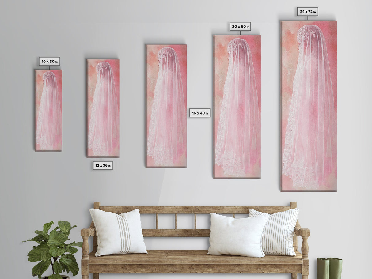 Delicate Bridal Veil Framed Canvas Print Feminine Pink Wall Art Wabi Sabi Minimalist Romantic Bedroom Artwork Unique Wedding Gift Idea