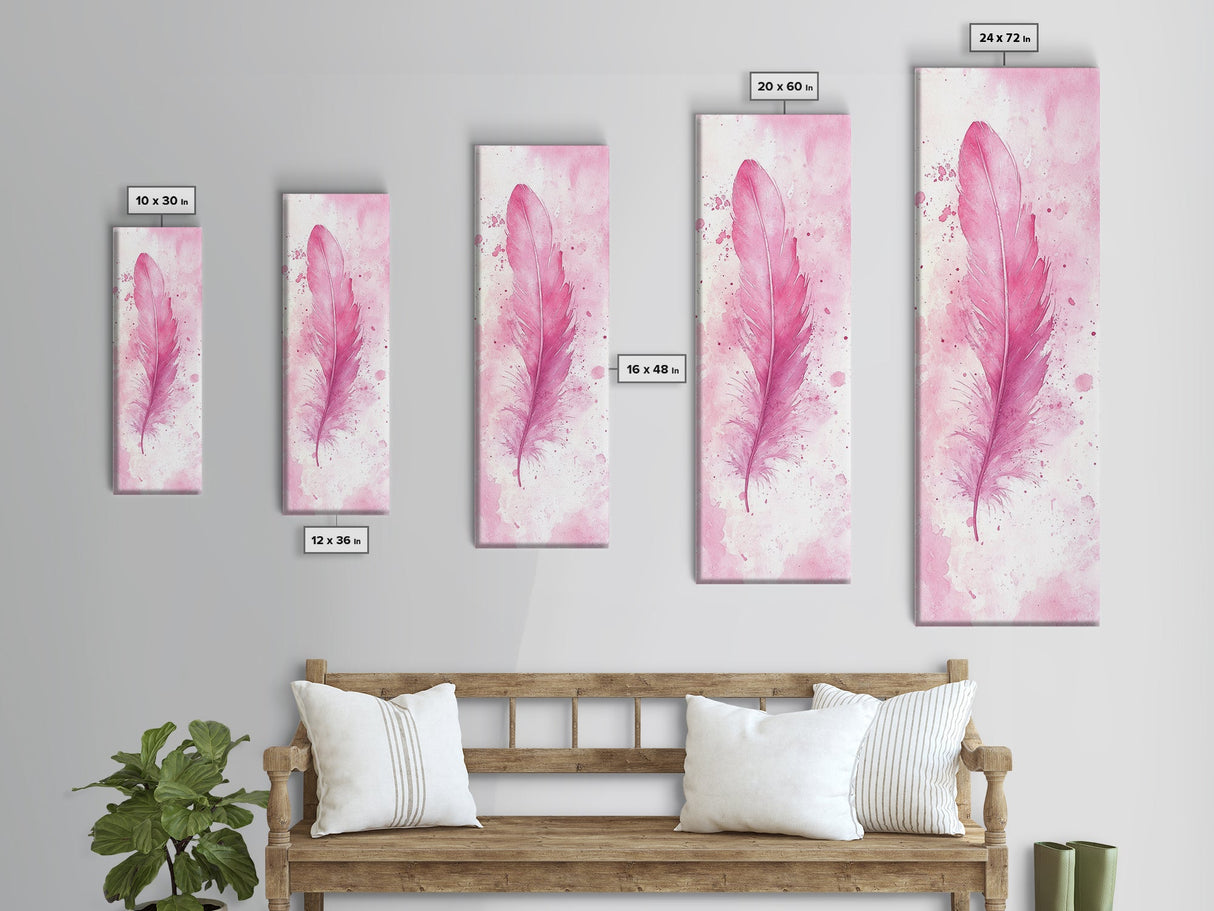 Pink Feather Artwork Framed Canvas Print, Vertical Whimsical Art Light Pink Decor, Boho Minimalist Gift Bedroom and Dorm Wall Art