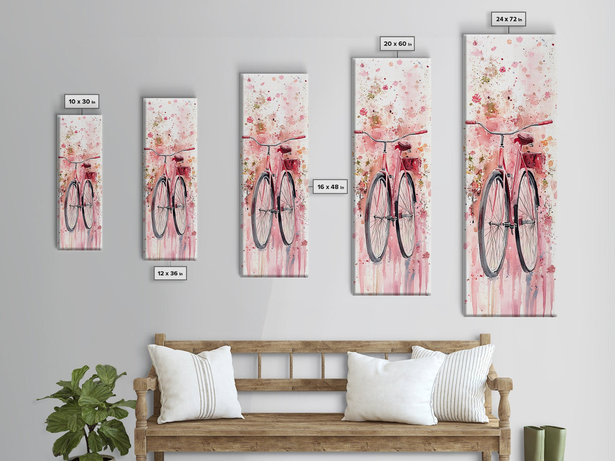 Bicycle Art Canvas Print Retro Pink Wall Art Long Narrow Vintage Style Above Couch Gift Idea Light Pink Minimalist Wabi Sabi Art