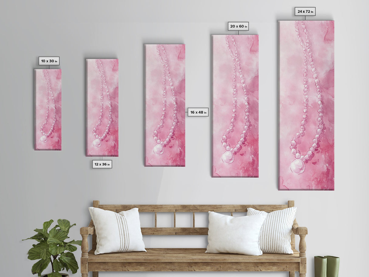 Elegant Pearl Necklace Canvas Print Whimsical Art Long Narrow Wall Art Pink Abstract Art Gift Idea Decorative Jewelry Painting Vertical