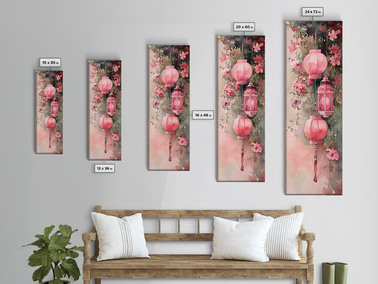 Lantern Glow Canvas Print, whimsical Moroccan wall art with light pink tones and floral accents, tall skinny vertical wall art piece.