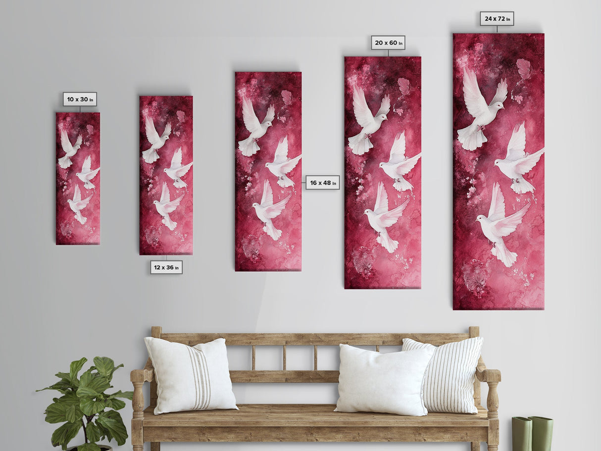 White Doves Canvas Print - Angel Art Prints on Burgundy Background, Symbolic Bird Art, Light Pink Abstract Vertical Wall Decor