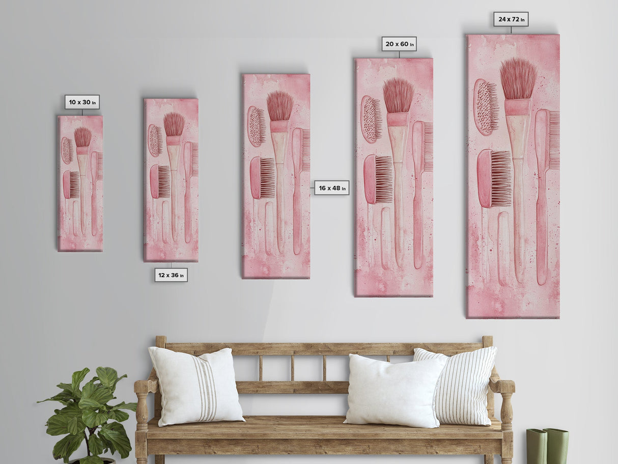 Hairbrushes And Combs Framed Canvas Print Light Pink Wall Art Minimalist Art Long Narrow Wall Art Tall Skinny Art Gift Idea