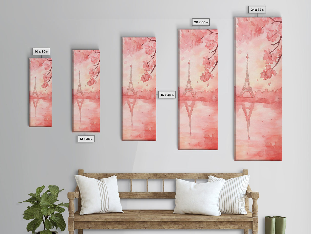 Eiffel Tower Reflection Pink Cherry Blossom Canvas Print Paris Wall Art Romantic Landscape Long Narrow Above Bed Vertical Art