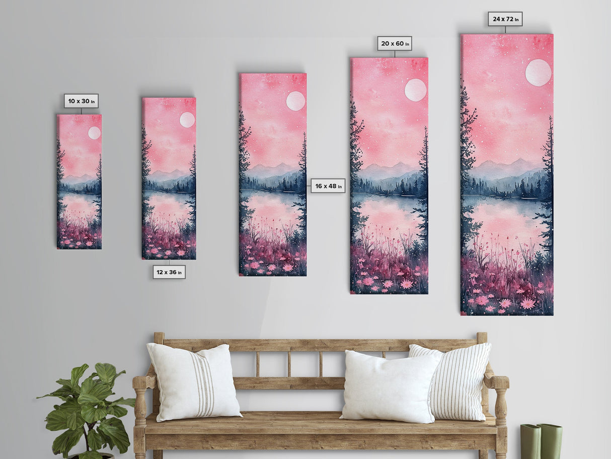 Moonlit Pink Forest Canvas Print, Moody Mountain Landscape Painting, Wildflower Rustic Vertical Wall Art, Cozy Living Room Decor