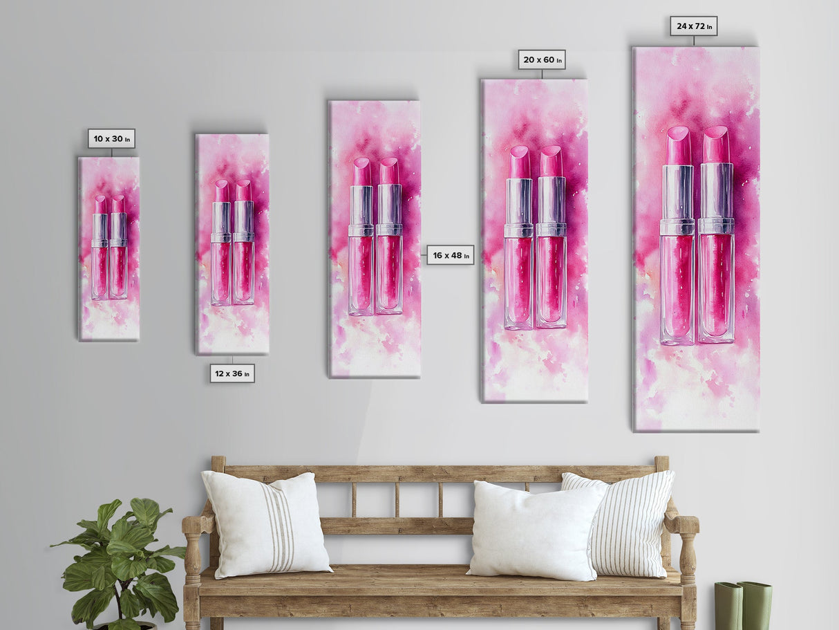 Pink Lipstick Duo Canvas Print, Whimsical Minimalist Vertical Wall Art, Light Pink Cosmetic Art, Gift Idea, Bedroom Skinny Artwork