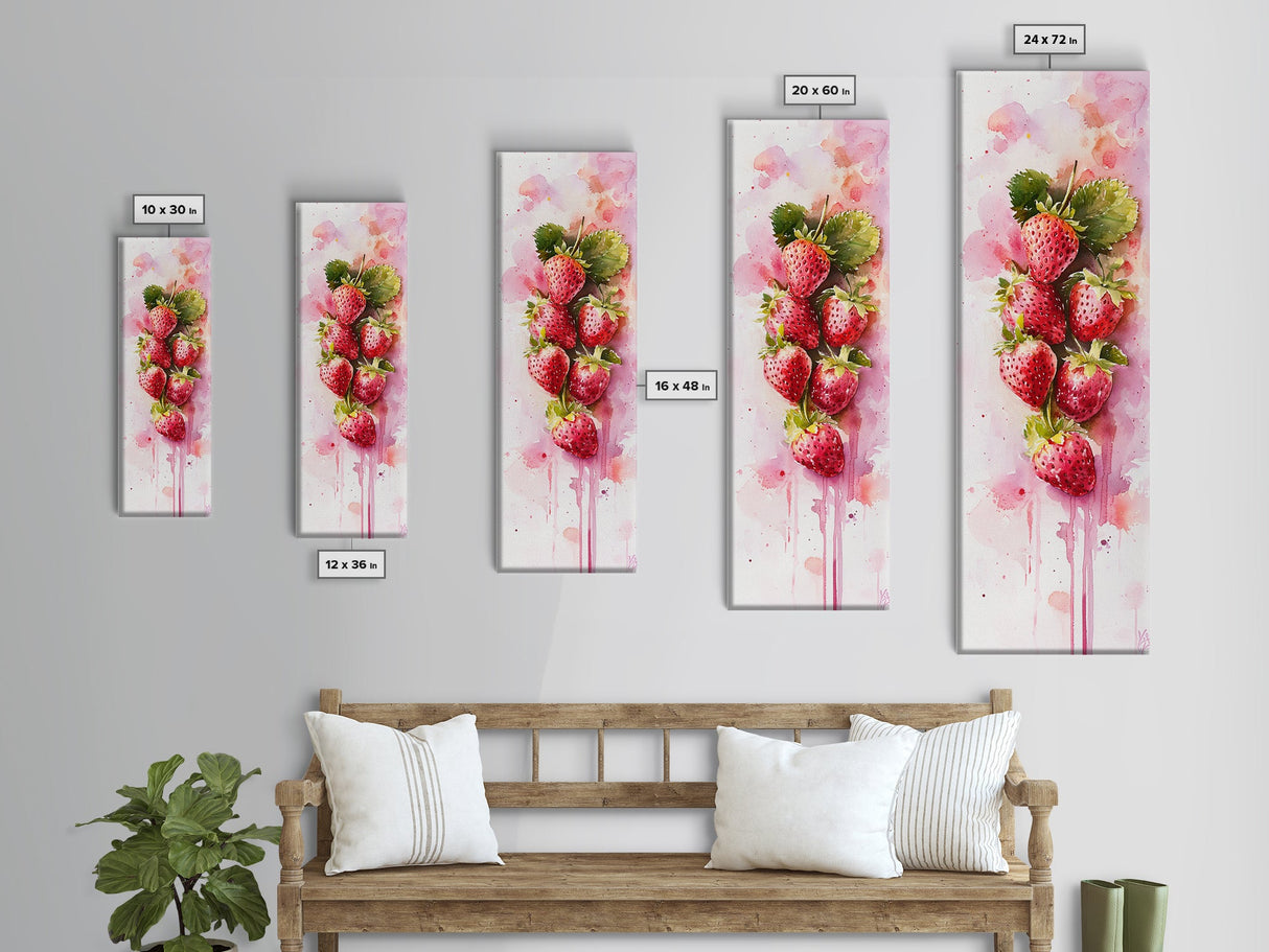 Strawberries Watercolor Painting Framed Canvas Print, Whimsical Kitchen Art, Pink Fruit Rustic Vertical Wall Art, Gift Idea