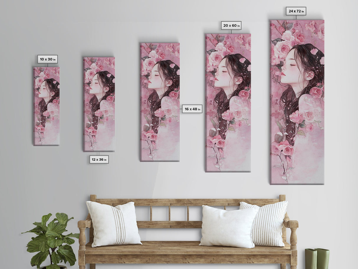 Romantic Rose Girl Painting Framed Canvas Print Pink Wall Art Bedroom Decor Feminine Rose Painting Above Bed Artwork Gift Idea