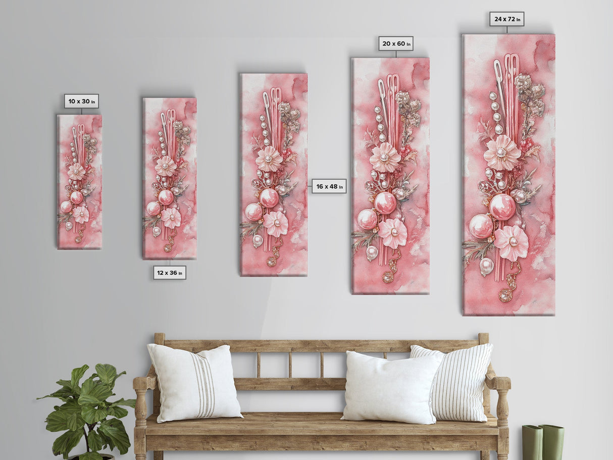 Elegant Pink Pearl Hair Accessories Framed Canvas Print with Whimsical Art Touch for Feminine and Minimalist Decor